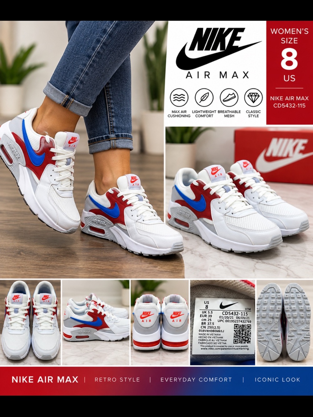 Nike Air Max Excee Women’s Size 8 White Red Blue Sneakers CD5432-11